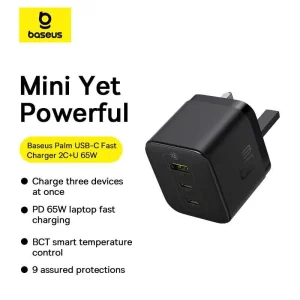 P1011160D11 3-01 Baseus Palm Fast Charger 2C+U 65W UK Cluster Black (With: Baseus Mini White Cable Type-C to Type-C 100W(20V/5A) 1m Cluster Black)