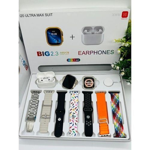 i20 Ultra Max Suit Smartwatch 10 in 1 Set 2.3" Big Display, Wireless Earphones, 7 Straps, Watch Case, Wireless Charger